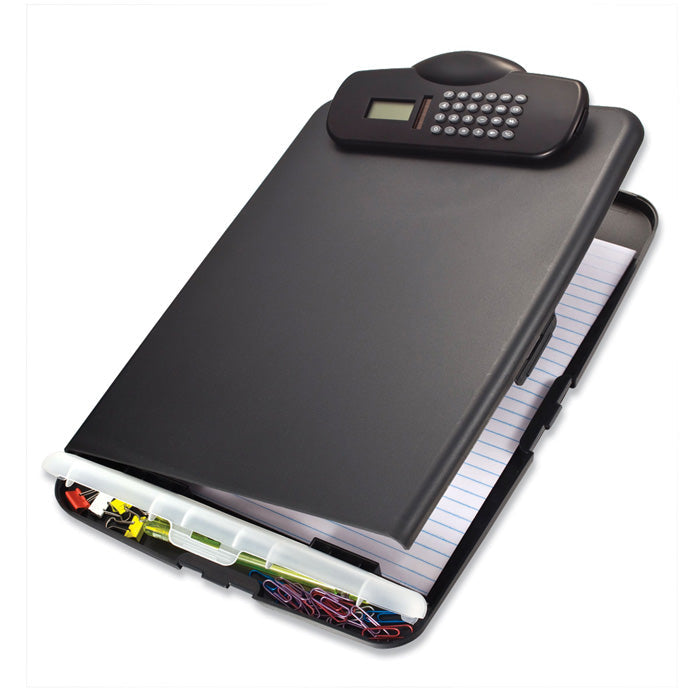 Slim Black Clipboard Storage Box with Calculator