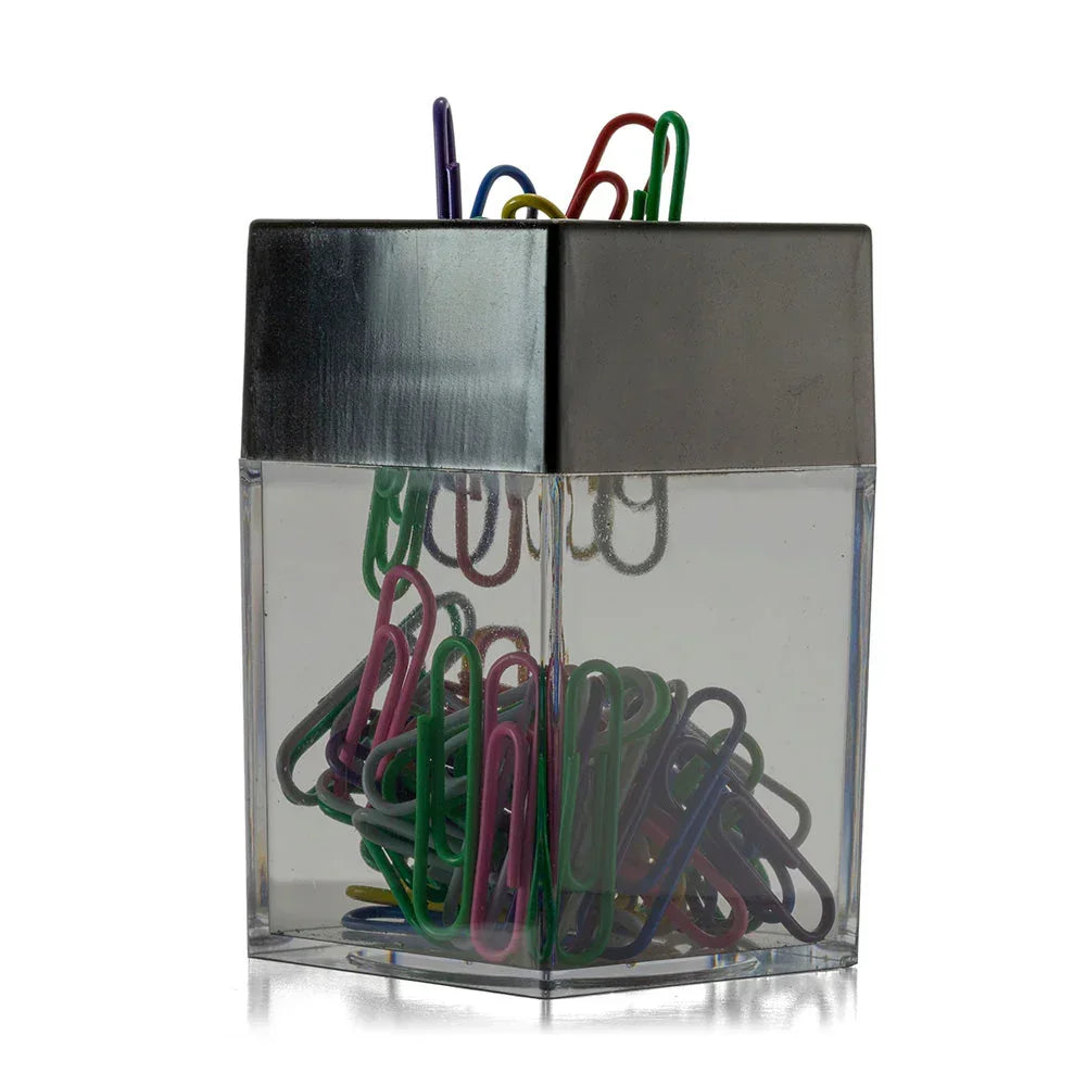 Clear organizer with colorful paper clips for office or school use
