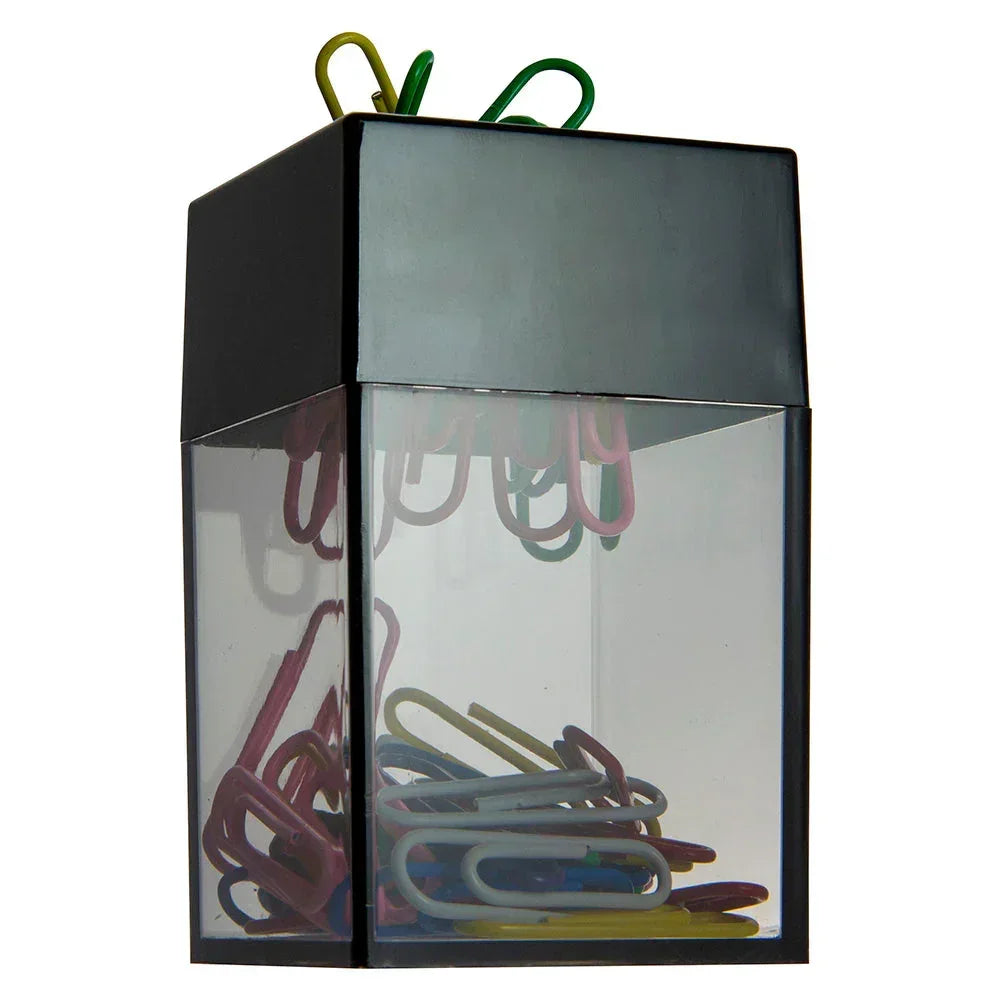 Clear organizer box with colorful paper clips for office or school use