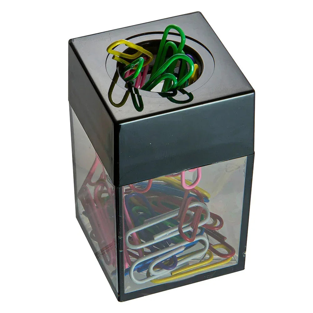 Clear desktop organizer with black lid holding colorful paper clips for office or school use