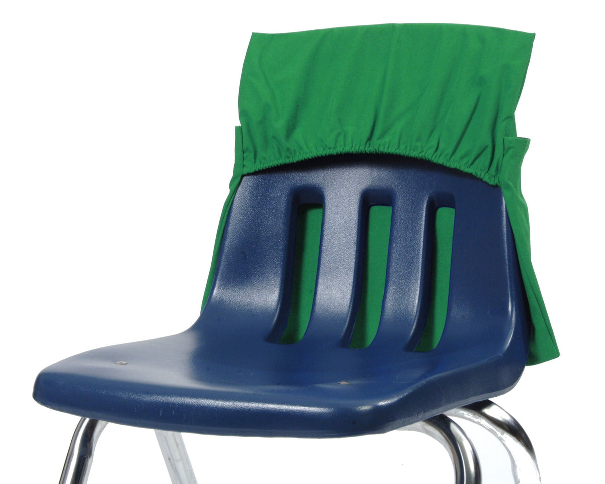 Green fabric seat sack organizer on a blue plastic classroom chair