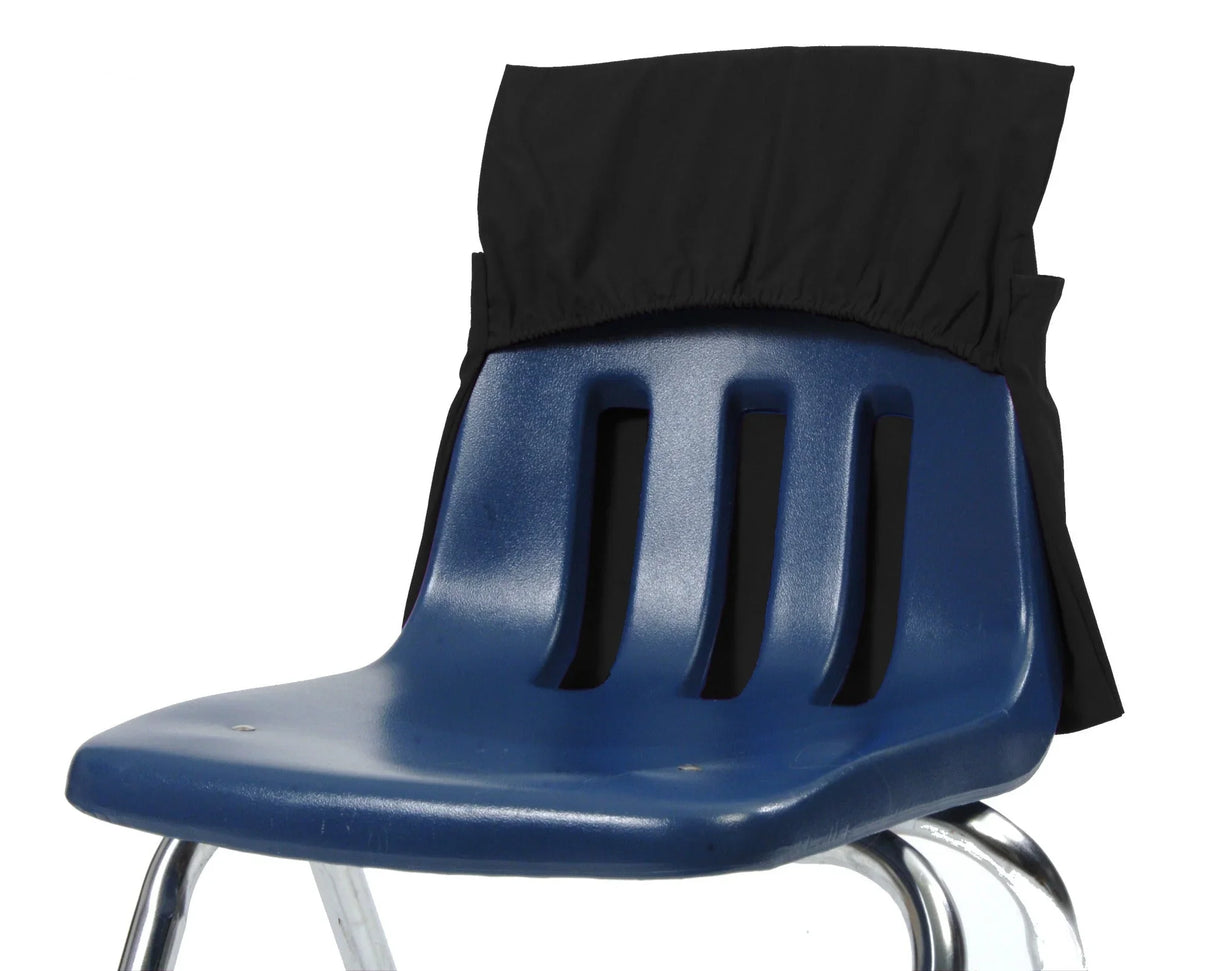 Black seat sack storage pouch on blue plastic classroom chair