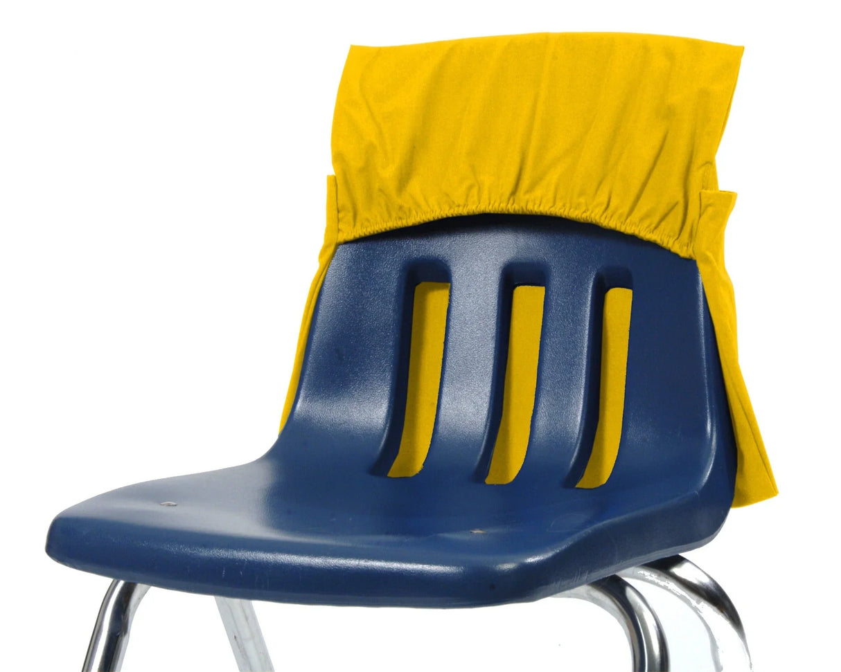 Yellow seat sack organizer on blue classroom chair for school storage solutions