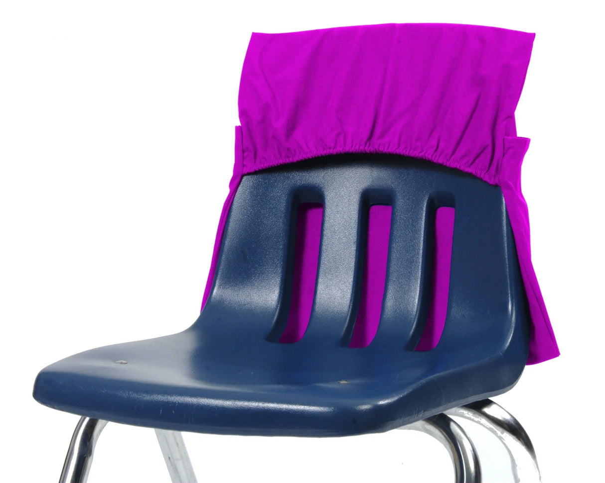 Purple seat sack organizer on classroom chair for school storage