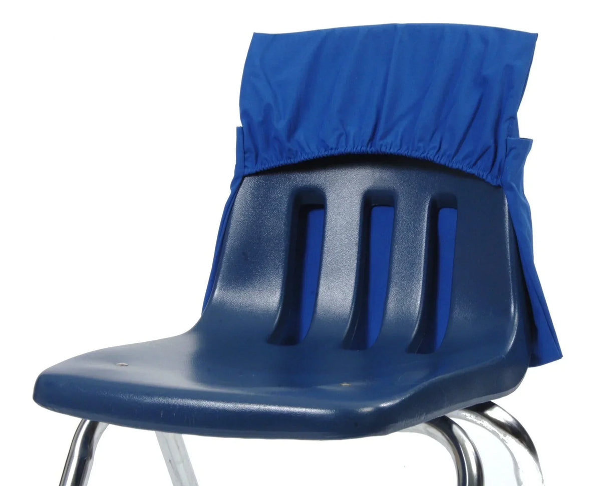 Blue special size seat sack organizer on the back of a plastic classroom chair