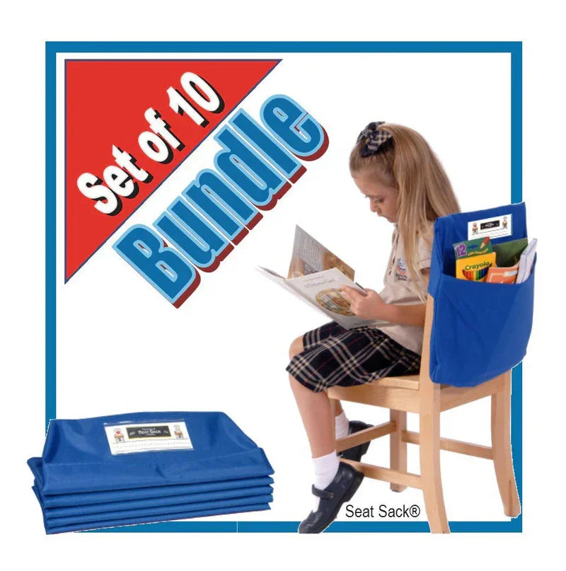 Child reading with a blue seat storage pocket organizer on a chair, set of 10 bundle