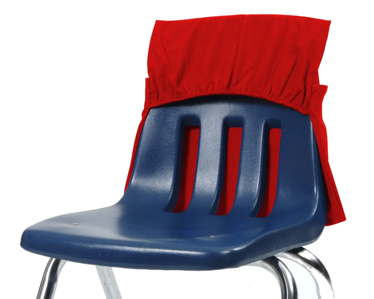 Red fabric seat sack organizer on blue plastic student chair for classroom storage