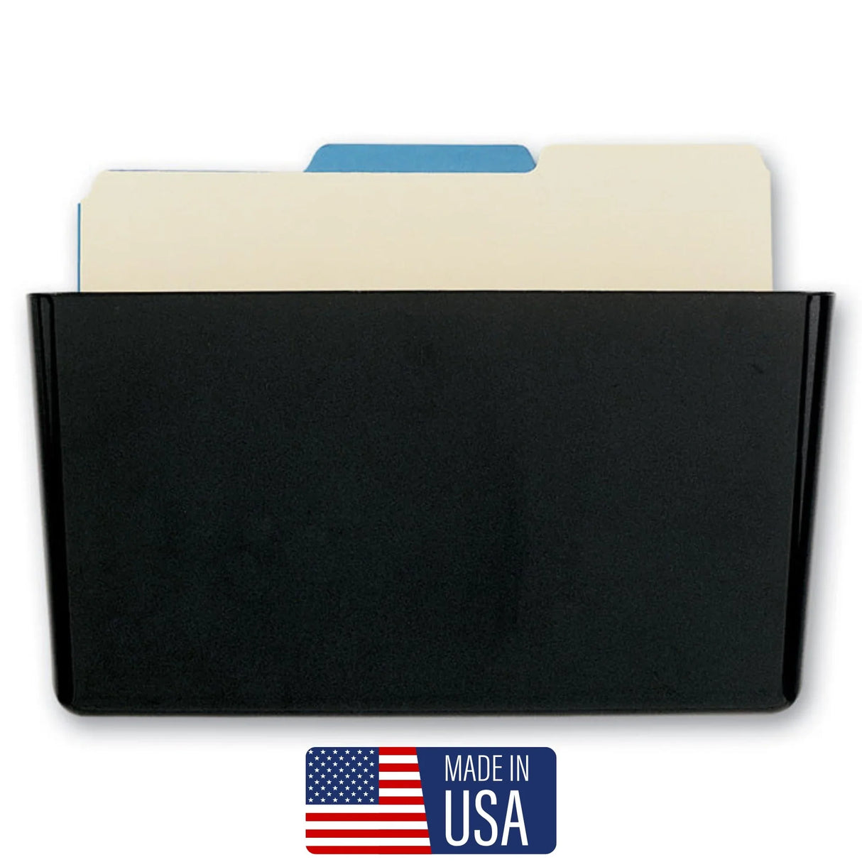 Black wall file organizer holding file folders with Made in USA label below