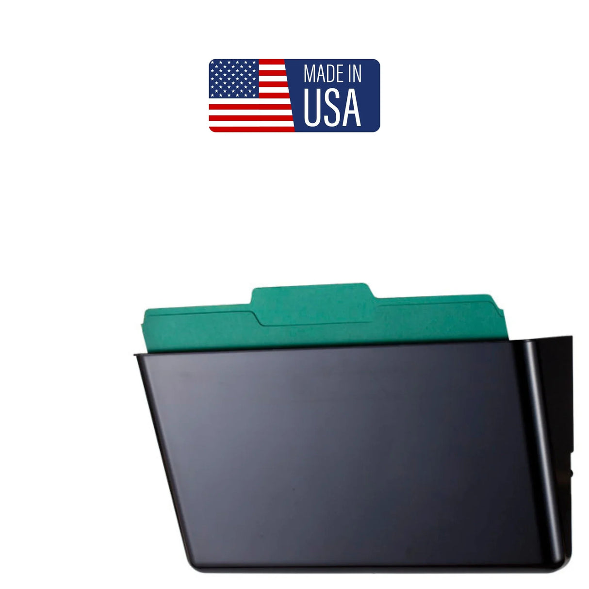 Black wall file organizer with green file folder and Made in USA label