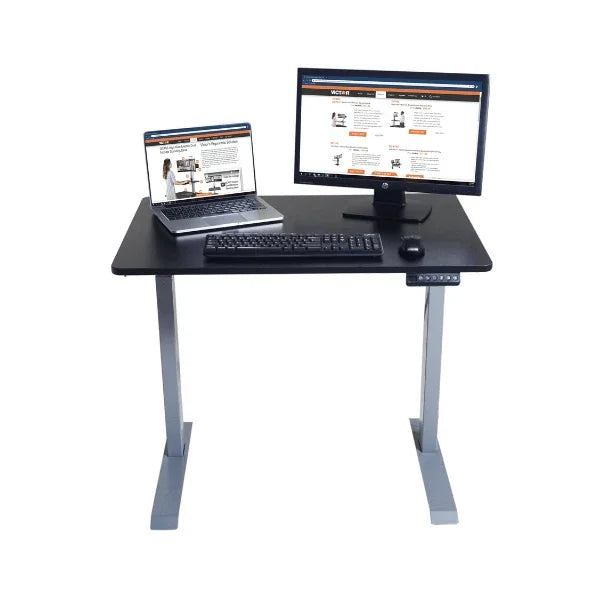 Victor® High Rise™ height adjustable compact electric standing desk with laptop and monitor