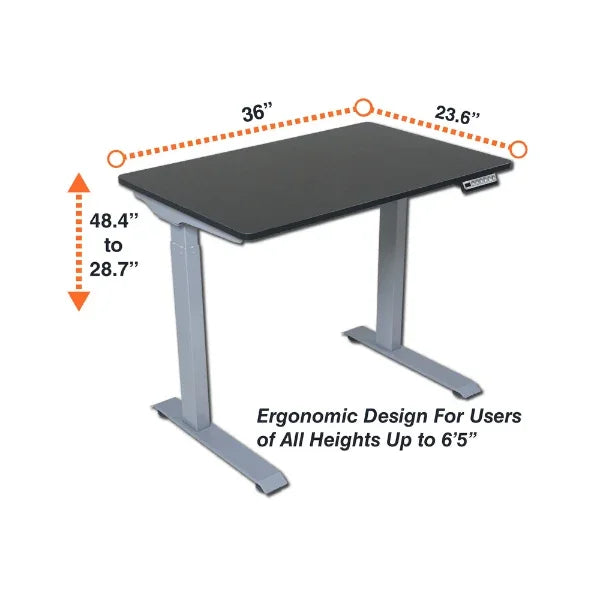 Victor® High Rise compact electric standing desk with adjustable height from 28.7 to 48.4 inches.
