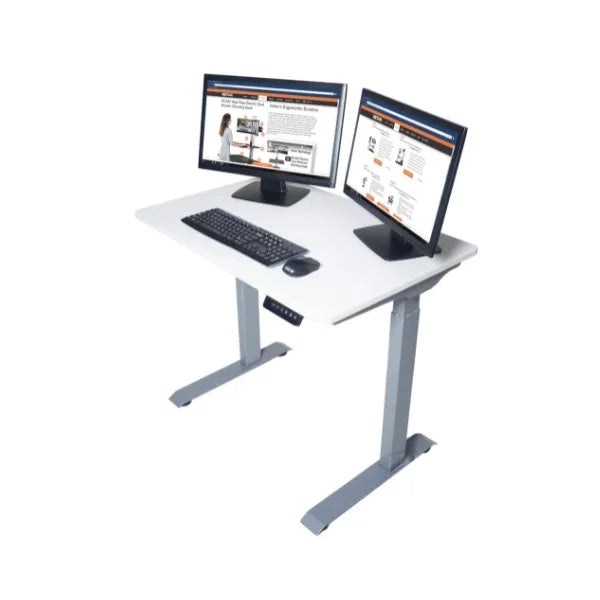 Victor® High Rise™ compact electric standing desk with two monitors, keyboard, and mouse