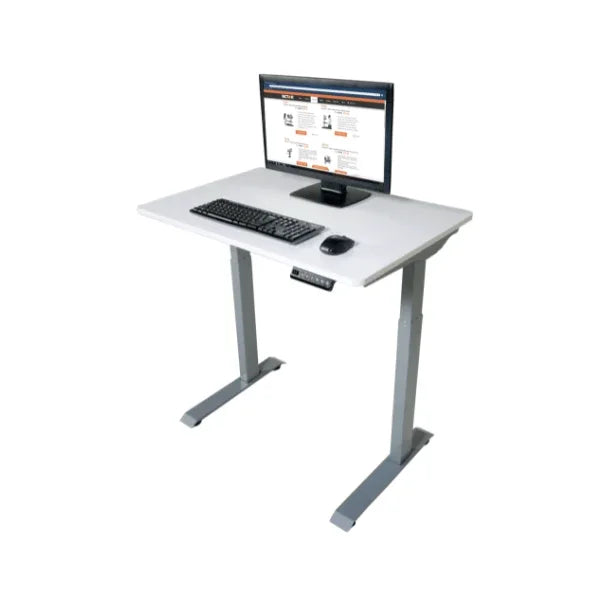 Victor® High Rise™ 36-inch compact electric standing desk with monitor, keyboard, and mouse.