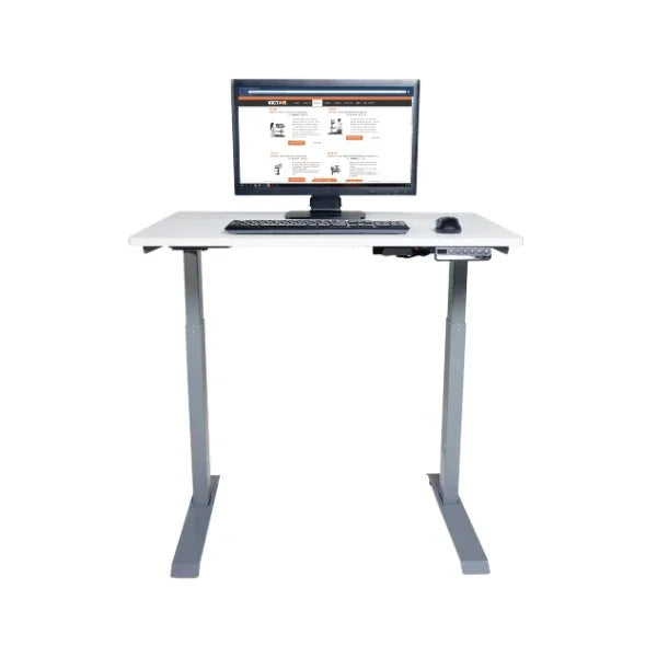 Victor® High Rise™ 36-inch white compact electric standing desk with monitor, keyboard, and mouse