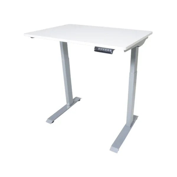 Victor® High Rise compact electric standing desk with white tabletop and gray adjustable legs.