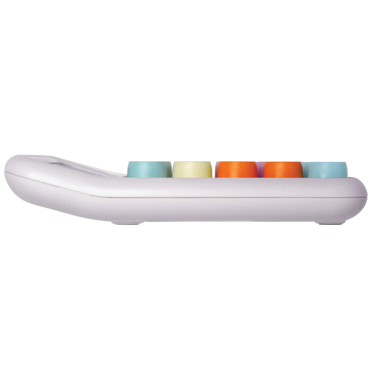 Side view of a white desktop calculator with large colorful round buttons