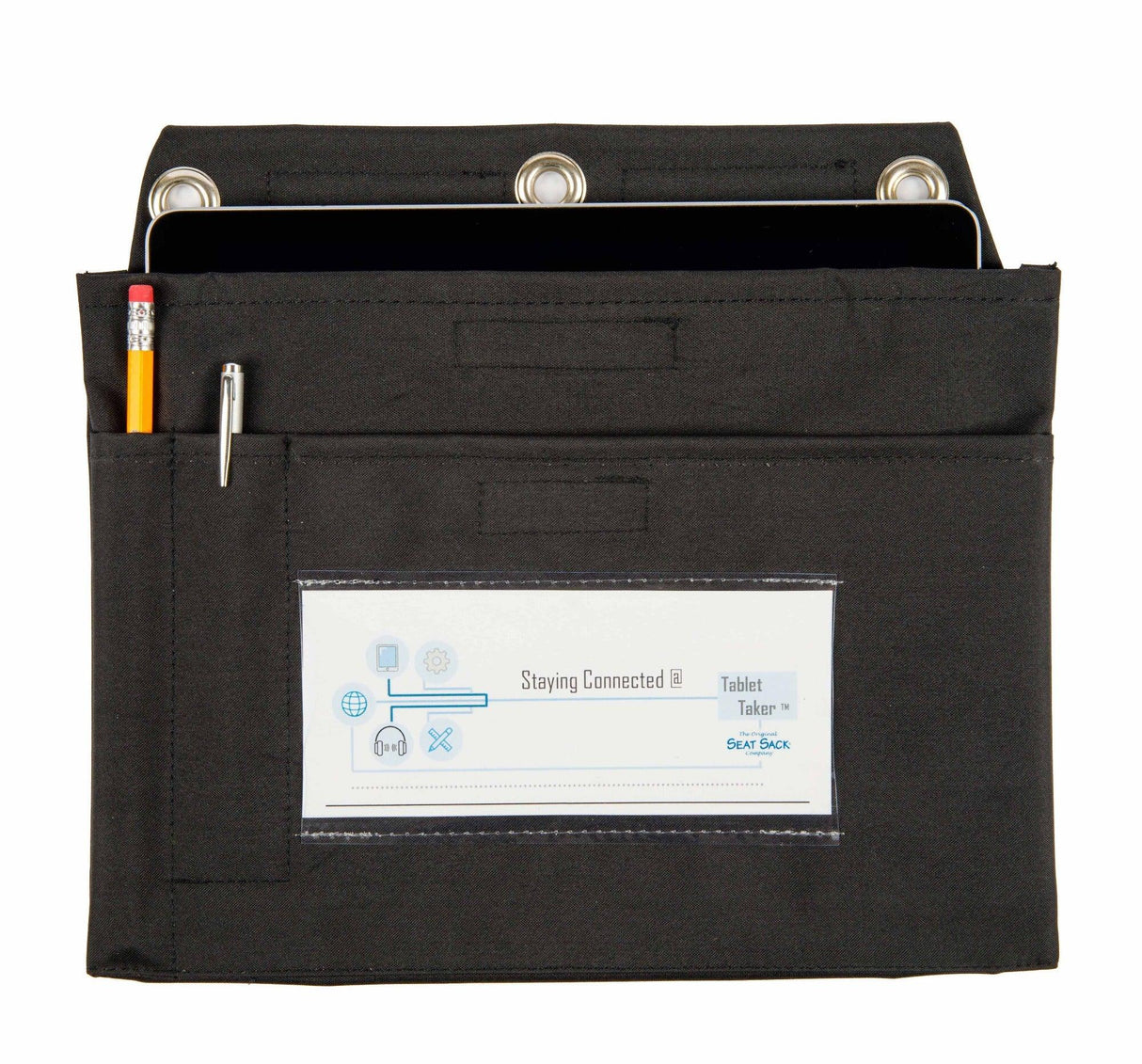 Black tablet pouch with clear label holder, pencil, pen, and metal grommets for hanging