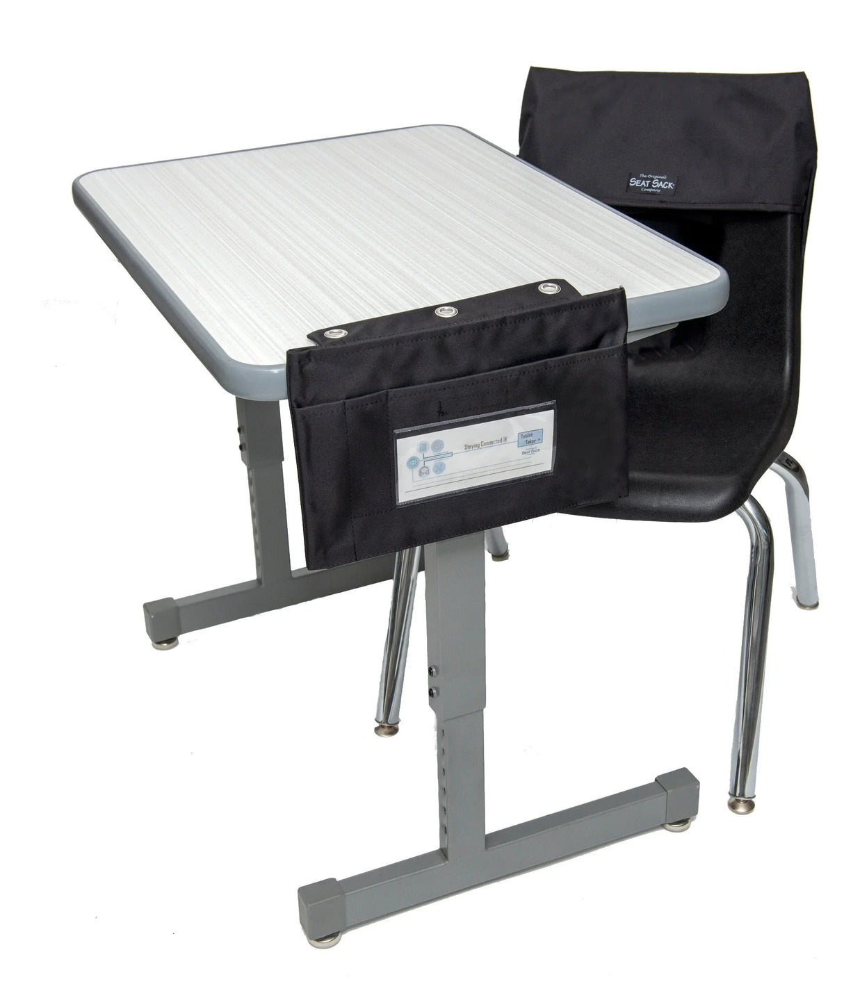 Black tablet pouch attached to a classroom desk and black chair, ideal for school organization.