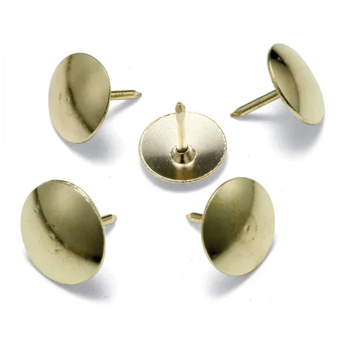 Golden thumbtacks for office and school organization, ideal for bulletin boards and workspace setups.