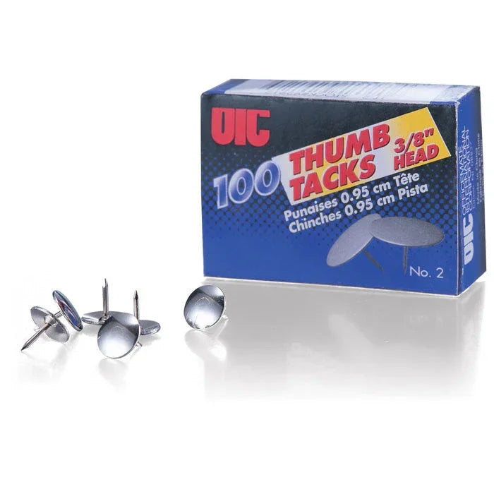 OIC 100 thumb tacks with 3/8 inch head, silver office supply pins for bulletin boards and organization