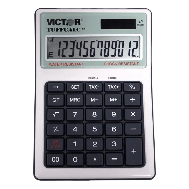 12-digit water and shock resistant calculator with large display and black buttons