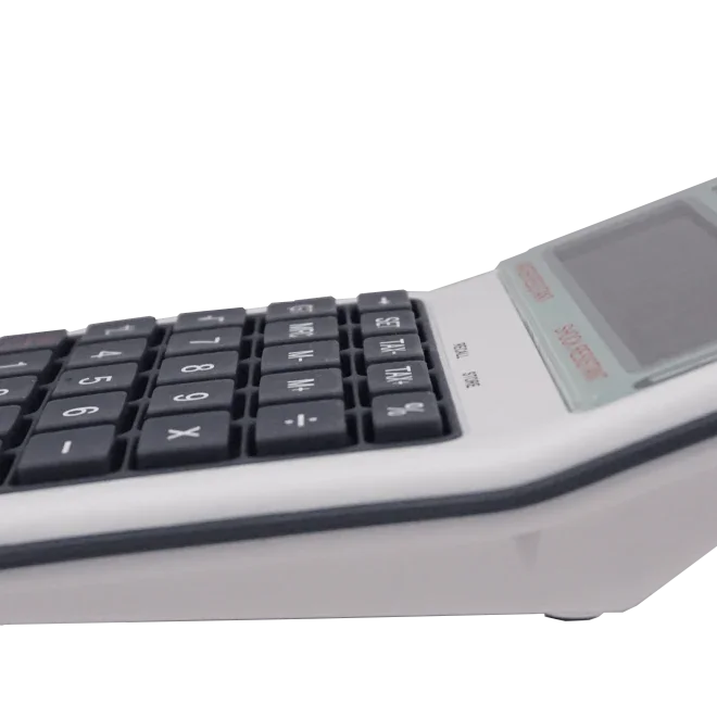 Side view of a 12-digit calculator with large black keys and an angled display