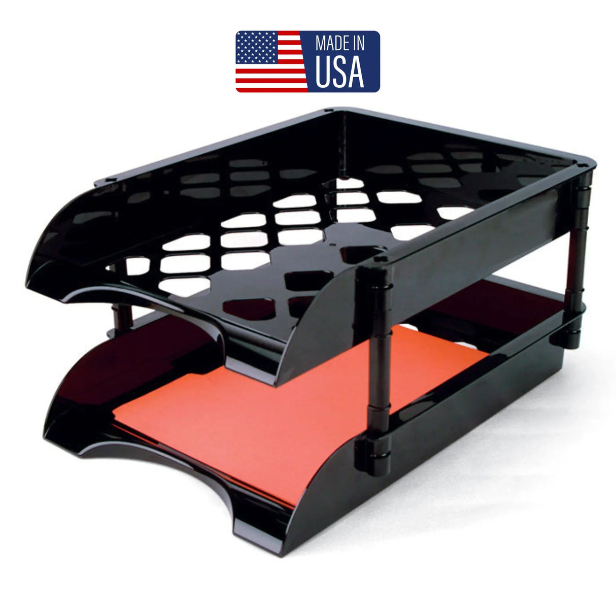 Black two-tier high-capacity document tray organizer with papers, Made in USA label visible.