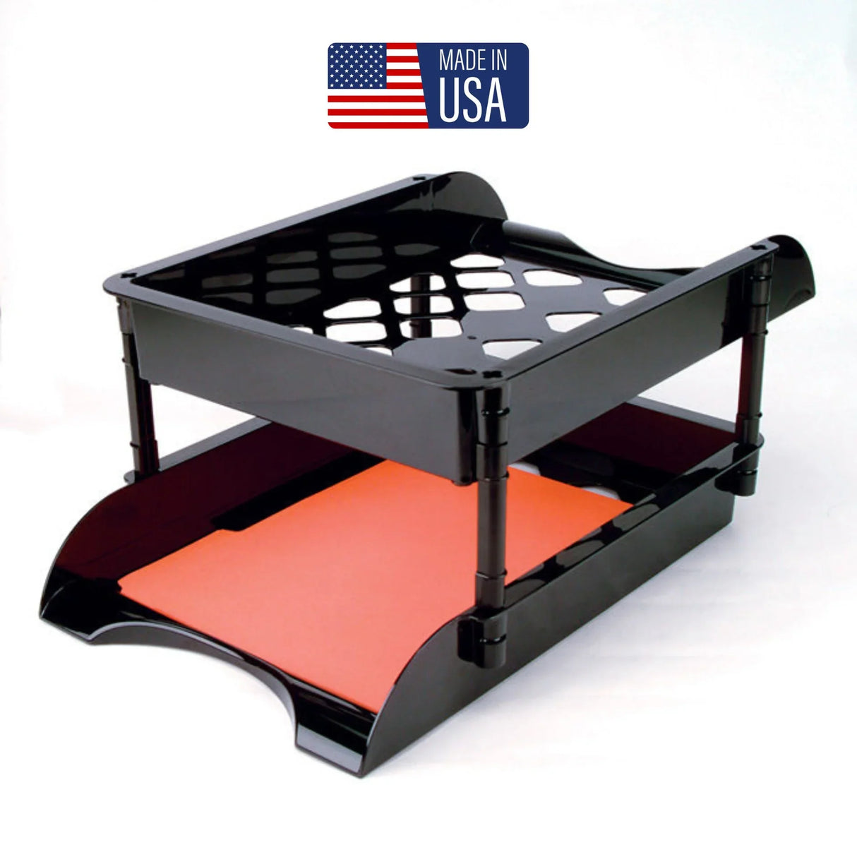 Black two-tier office tray organizer with orange paper, made in USA label above