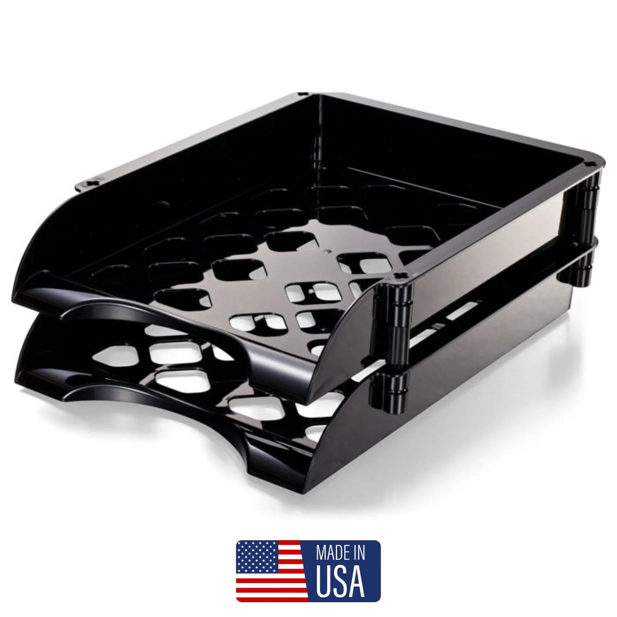 Black high-capacity stackable office paper tray with cutout design, made in USA