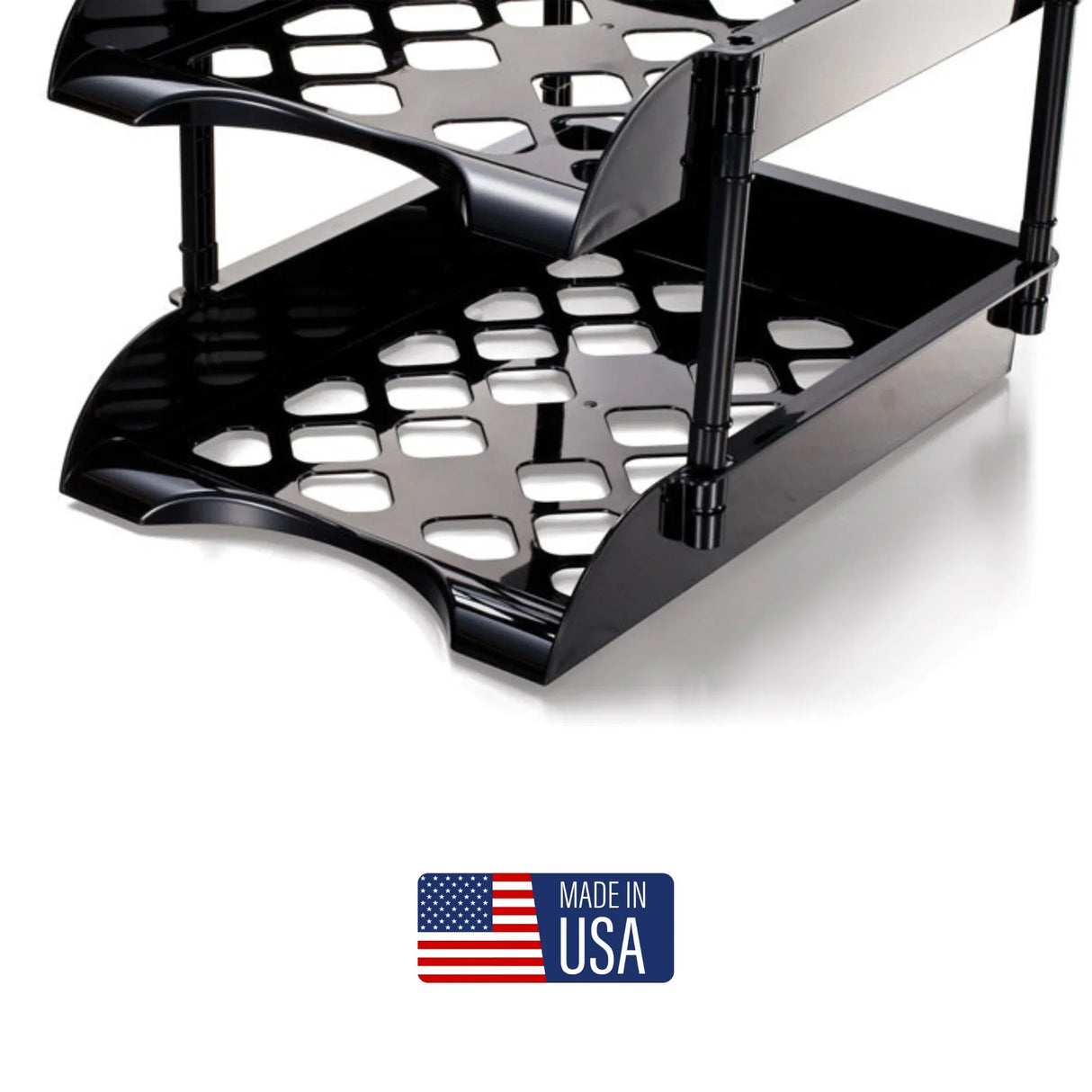 Black plastic high-capacity letter tray organizer with open sides, made in USA label