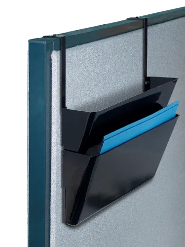 Black partition hanger set with two wall file pockets holding blue folders on an office cubicle panel