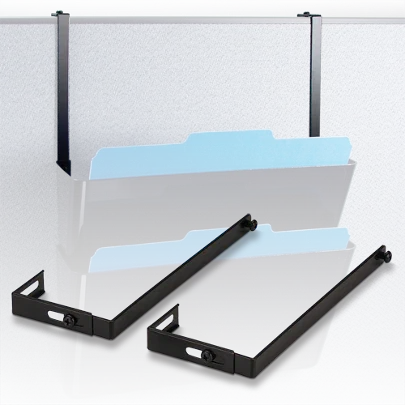 Universal partition hanger set with black metal brackets holding file organizers on an office cubicle wall.