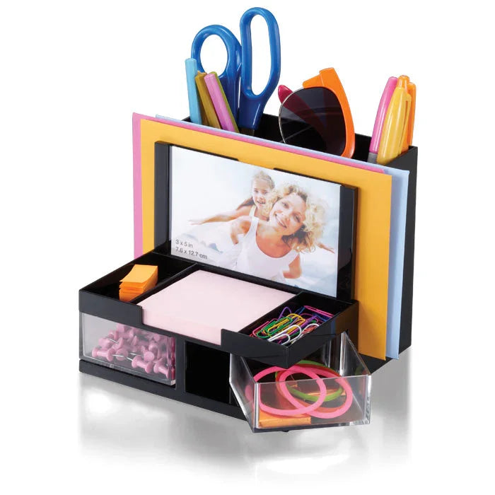 Desk organizer with compartments for scissors, pens, sticky notes, paper clips, and photo slot