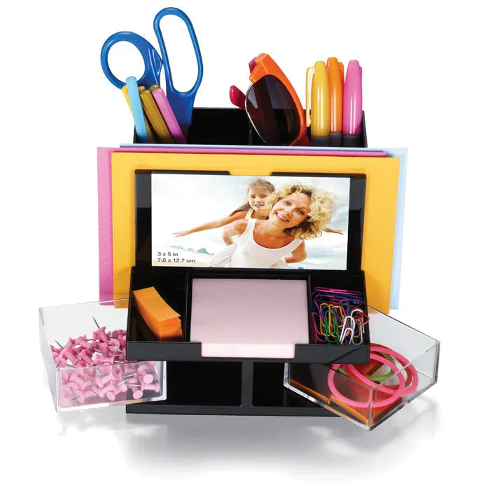 Desk organizer with compartments for scissors, pens, sticky notes, paper clips, and push pins