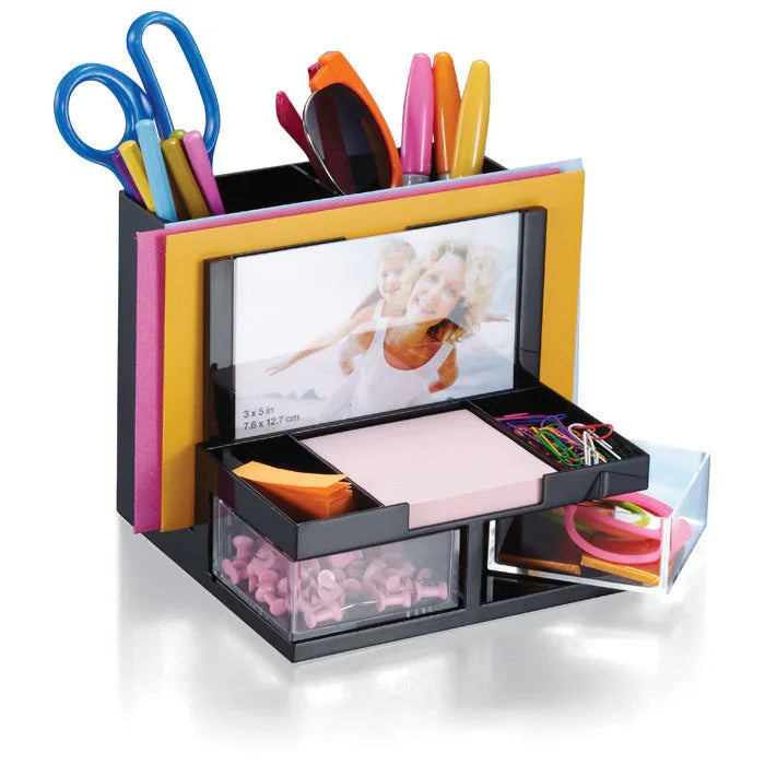 desk organizer with assorted stationery, photo display, drawers, and compartments for office supplies