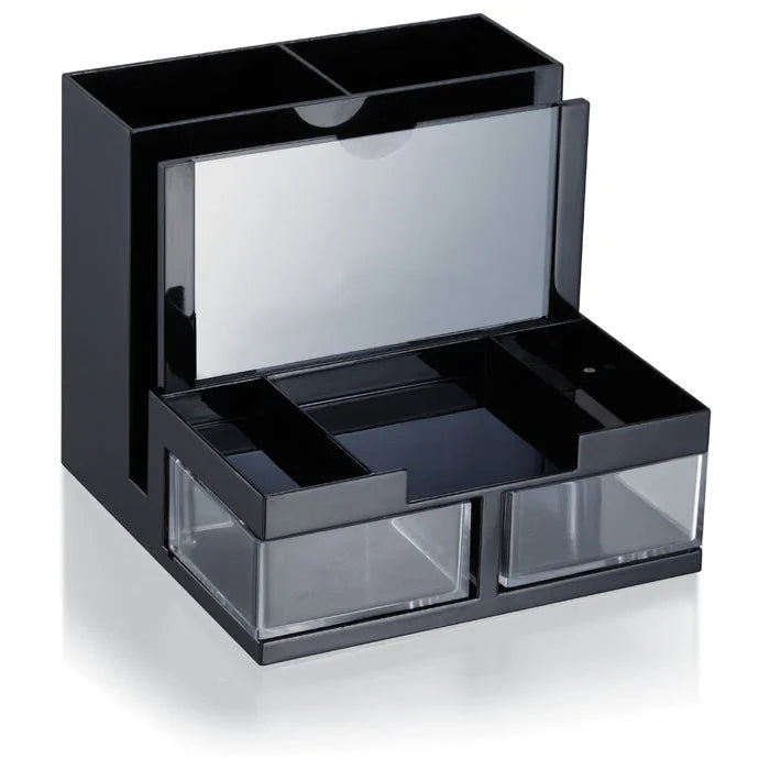 Black plastic desk organizer with clear drawers and compartments for office supplies