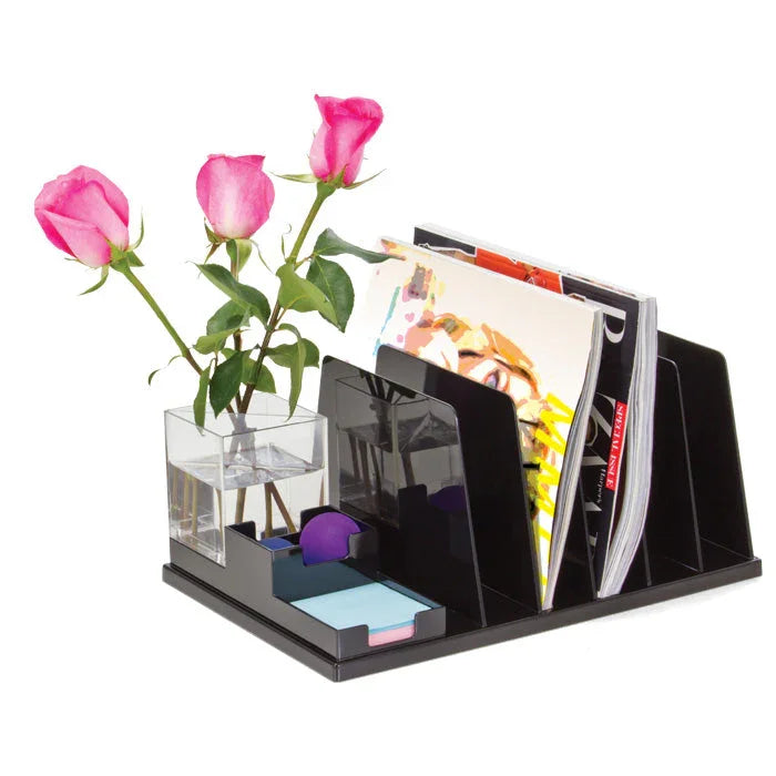 Desk organizer with file dividers, pencil cup, sticky notes, and pink roses in a glass