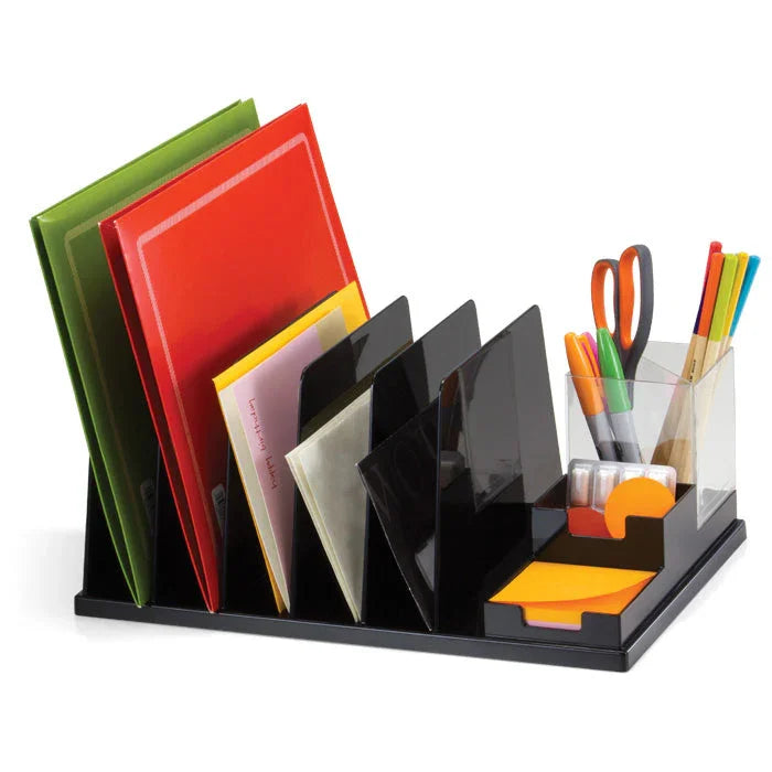 Desk organizer with file dividers, pencil cup, scissors, markers, and sticky notes