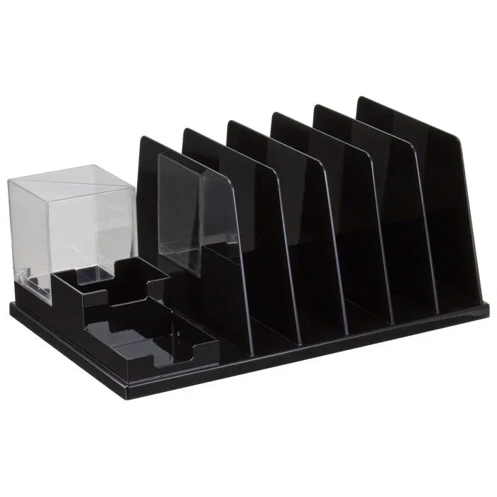 Black desk organizer with multiple slots and a clear pencil cup for office or home use