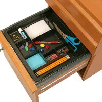 Expandable drawer organizer tray with office supplies in wooden desk drawer