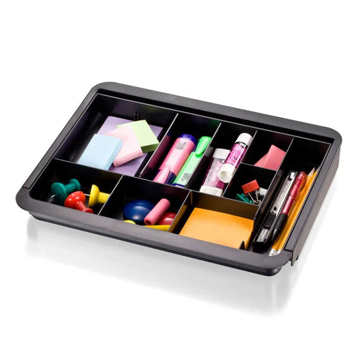 Expandable drawer organizer tray with office supplies like pens, sticky notes, and paper clips