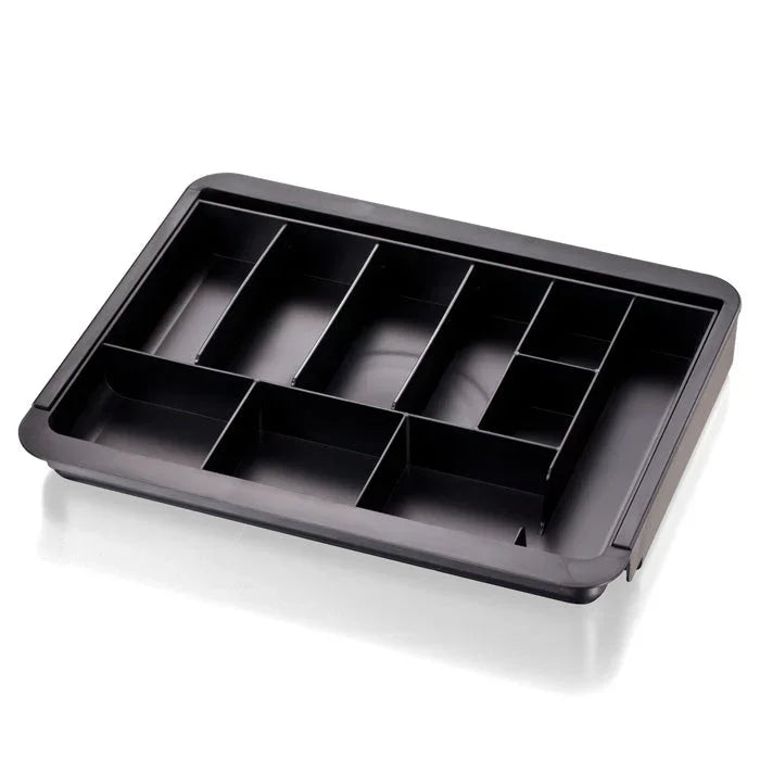 Black expandable drawer tray with multiple compartments for office or desk organization