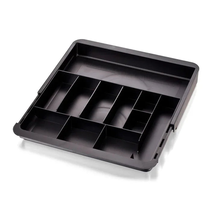 Expandable black drawer organizer tray with multiple compartments for office supplies