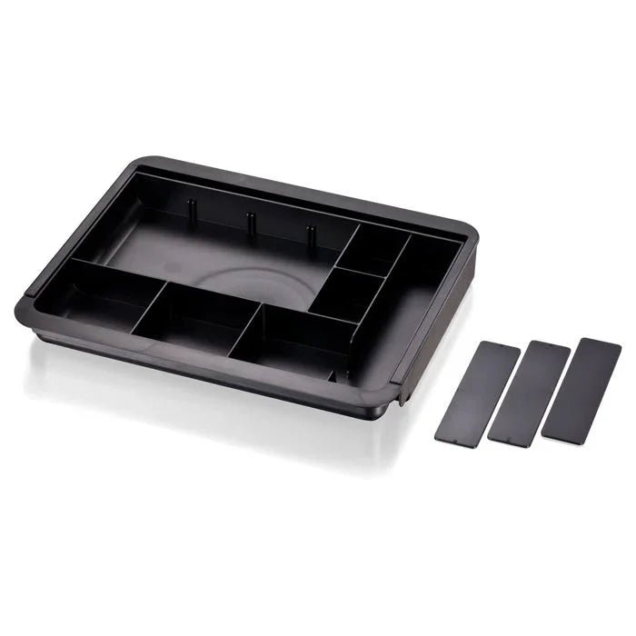 Black expandable drawer organizer tray with adjustable dividers for office supplies