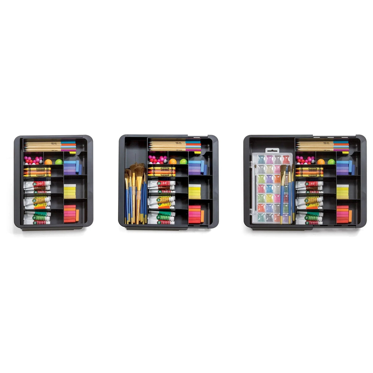 Expandable drawer tray with art supplies, paint tubes, brushes, pencils, sticky notes
