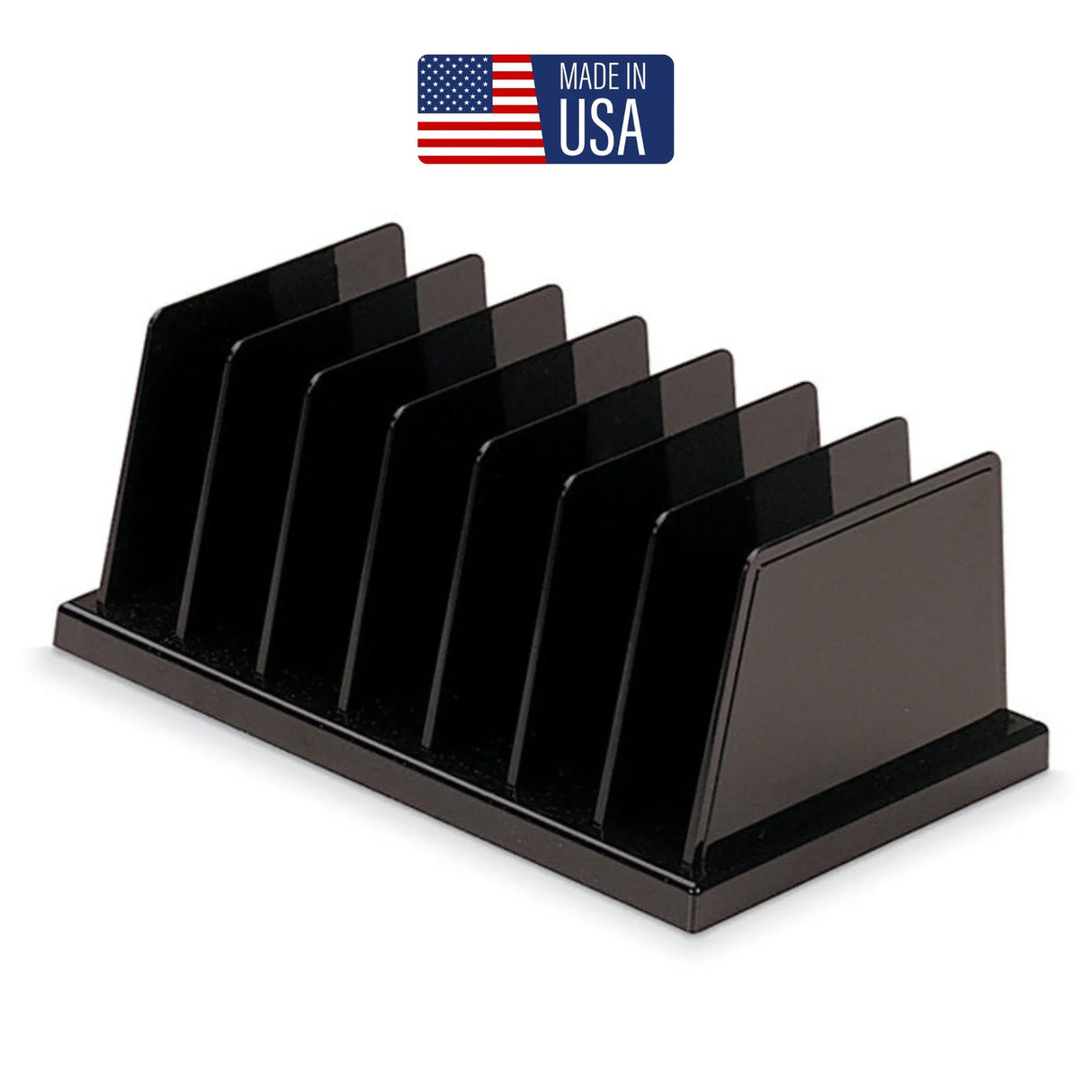 Black vertical file sorter with six slots for desk organization, Made in USA label visible.
