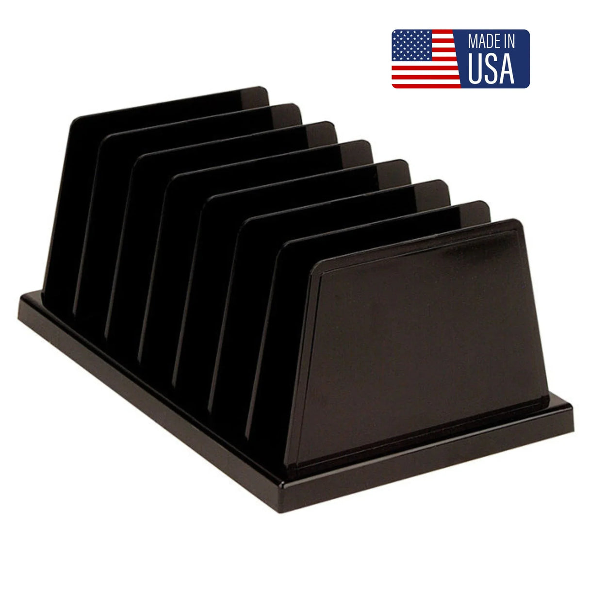 Black vertical file sorter desk organizer with multiple slots, made in USA