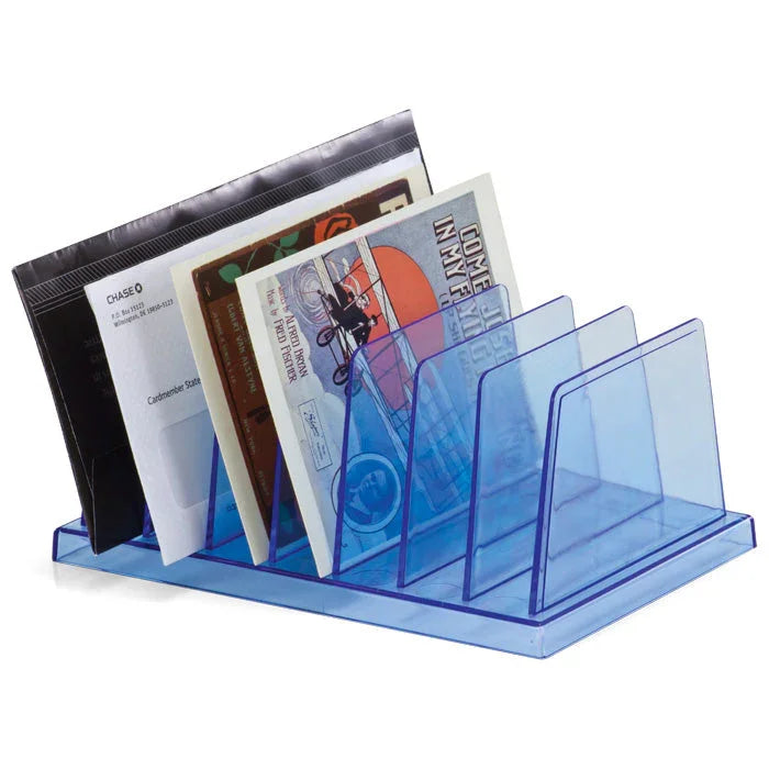 Blue vertical file sorter organizer holding letters and documents for office desk organization