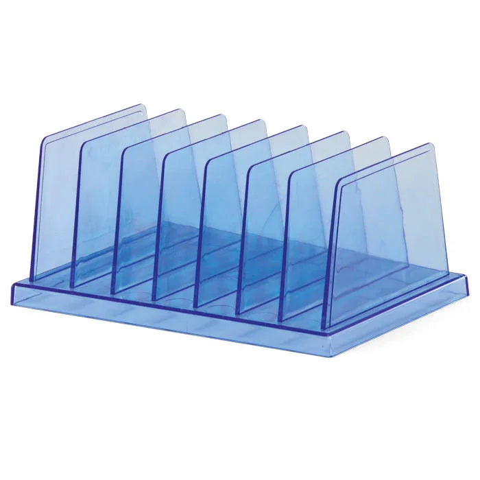Blue plastic vertical file sorter organizer with six compartments for office documents