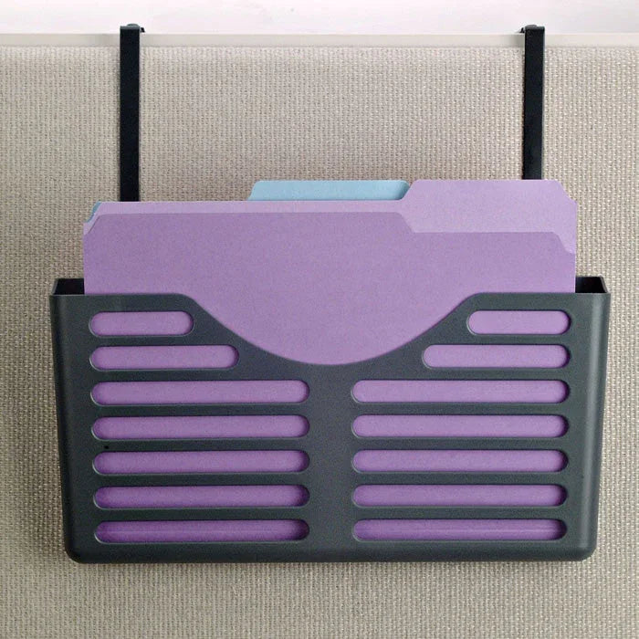 Cubicle file pocket organizer with purple folders for office workspace storage